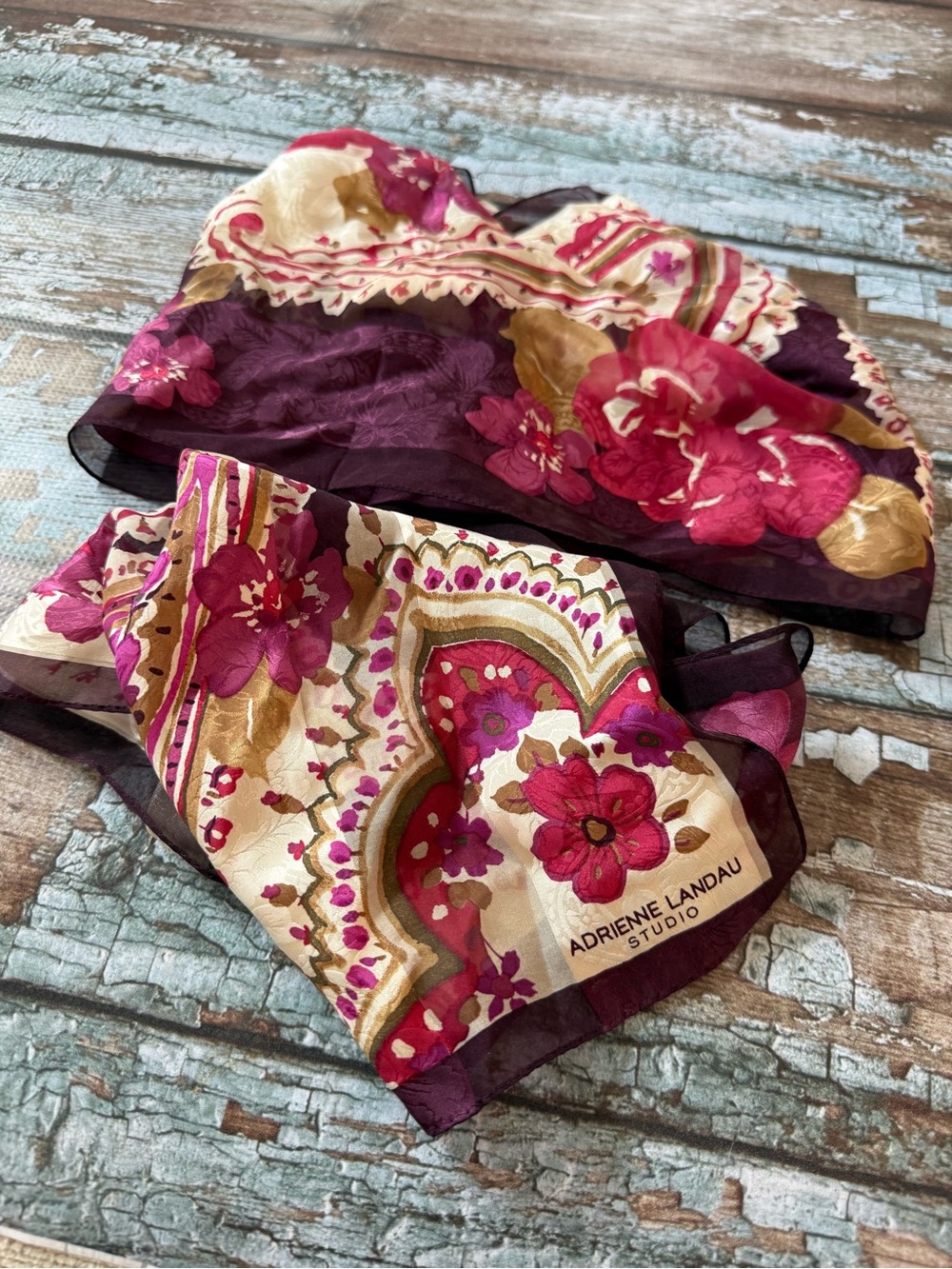 Adrienne Landau Studio Floral Silk Scarf in Magenta, Cream & Gold 54 x 11